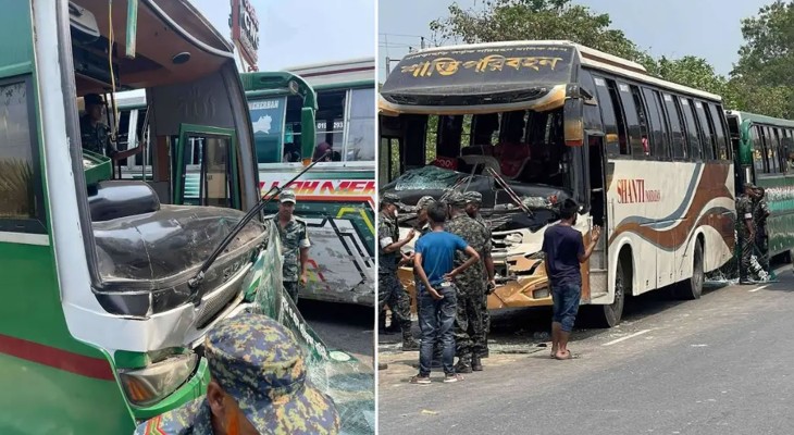 কুমিল্লায় আনসার সদস্য বহনকারী তিন বাসের সংঘর্ষ, আহত ৮